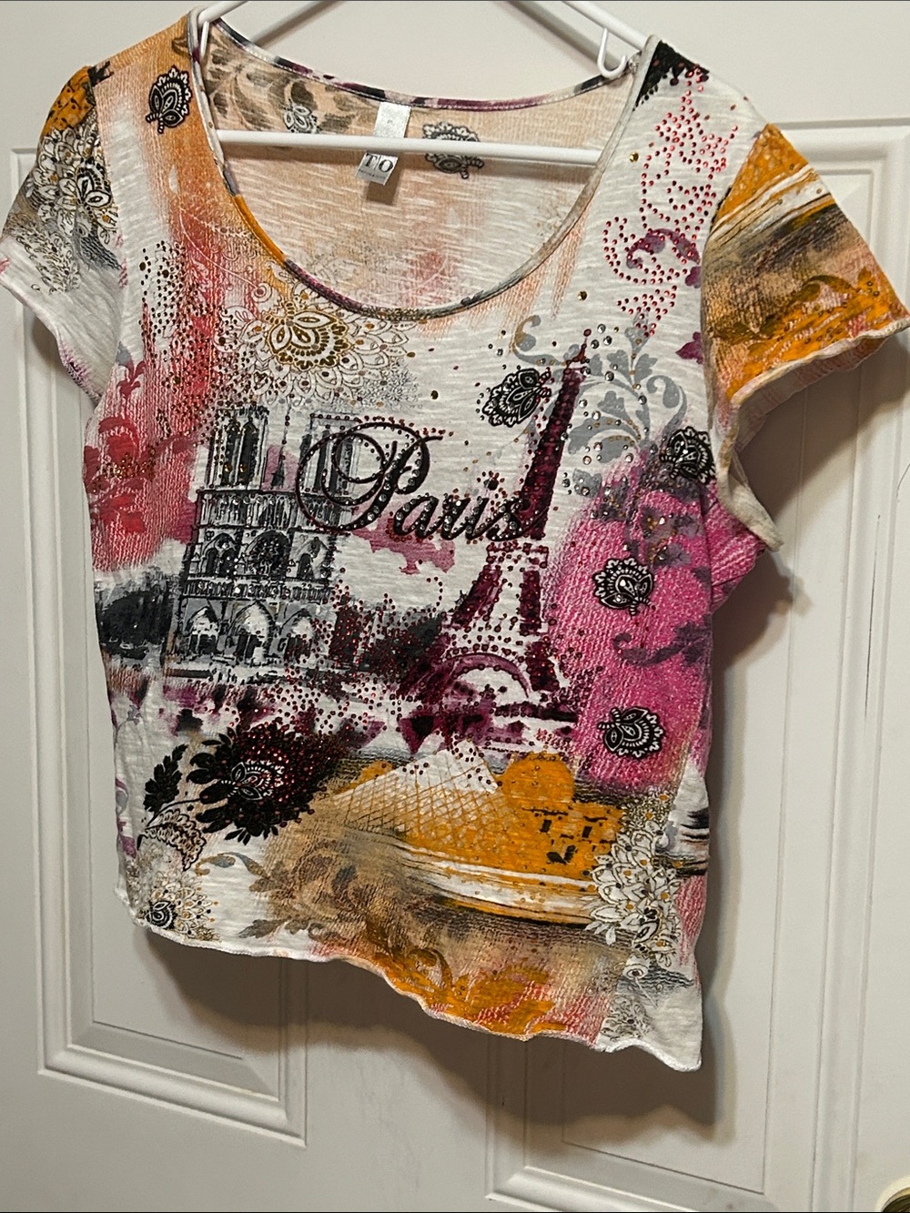 t/o Scoop Neck Paris Graphic Tee in Pink, Orange & Black